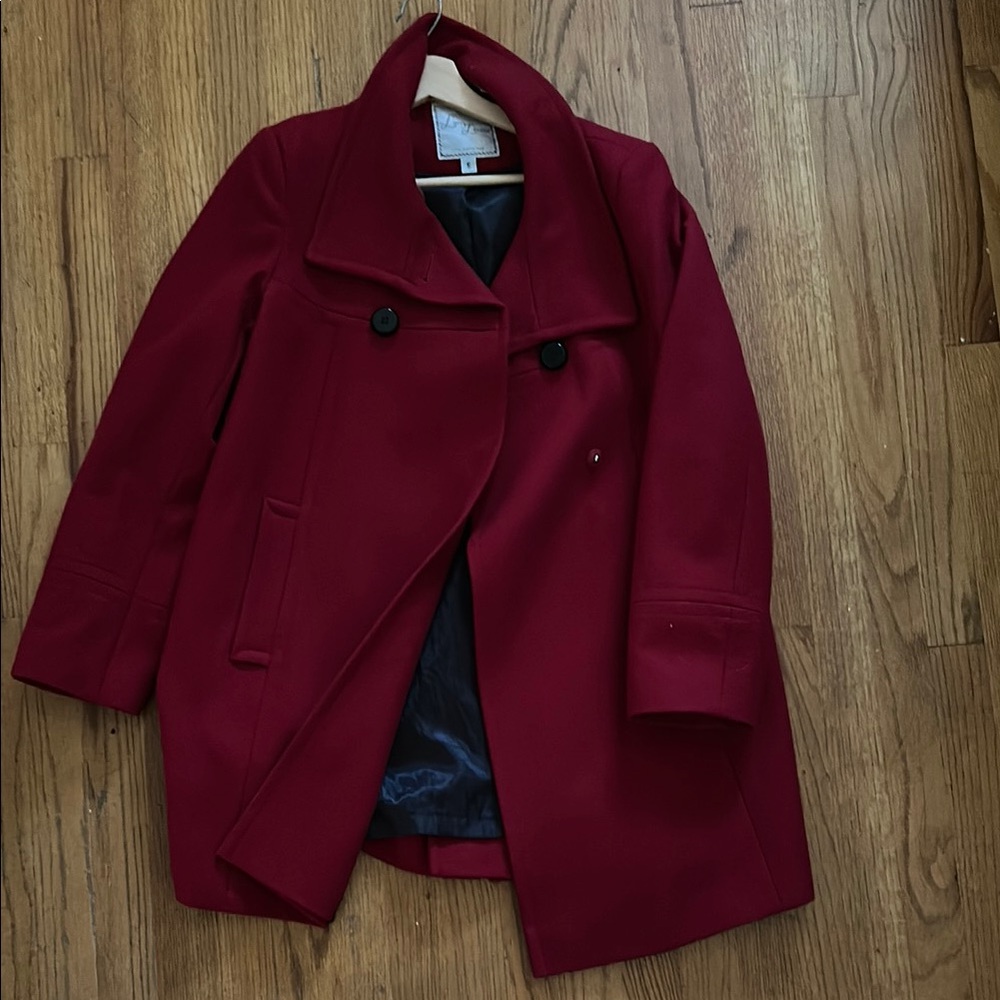 Larry Levine Red Pea Coat Wool Blend Asymmetrical